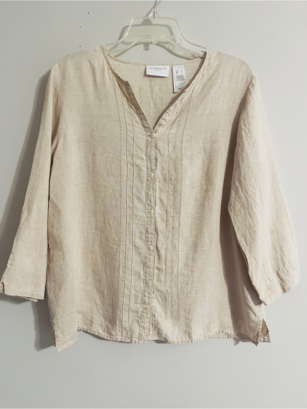 Liz Claiborne Linen Button Up Blouse Sz L Beige 3/4 Sleeve Beachy Boho Shirt